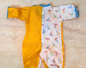 1970s Newborn Onesie: Sailboat pattern, ric rac trim, handmade (costume)
