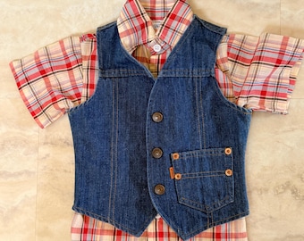 1970s Boys LEVI'S Western Shirt: Plaid short sleeve with denim vest, size 2T