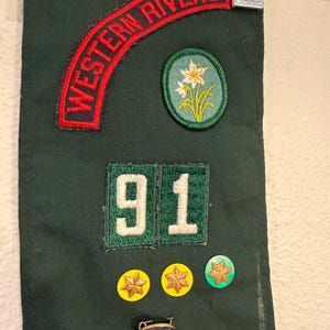 May include: A dark green banner with patches and pins. The banner has the words "WESTERN RIVERS" in red. There are patches with the number "91", a floral design, and several star-shaped pins. A small pin with a blue stone is also present.