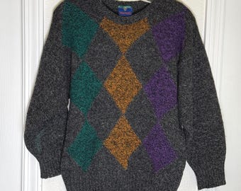 1990s Argyle Shetland Wool Sweater by Woodward \\ Size Small // Made in Ireland