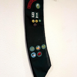 May include: A dark green sash with patches and the text "WESTERN RIVERS" and "91". The sash has various patches with images of flowers, a house, a shoe, and other designs. The sash is hanging from a clear hanger.