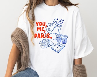 Chemise de voyage Paris confort couleurs, t-shirt voyage Paris filles, chemise d'été française, t-shirt Paris tendance, chemise croissant