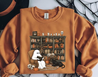 Retro Ghost Reading Books Sweatshirt, Librarian Ghost Halloween Hoodie, Halloween Teacher Shirt, Halloween Shirt, Teacher Gift, Boo School