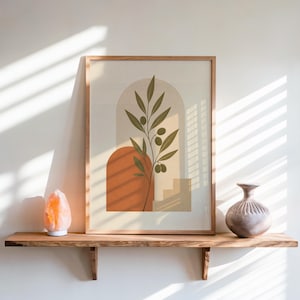 Minimalist botanical print on shelf with window blind shadows