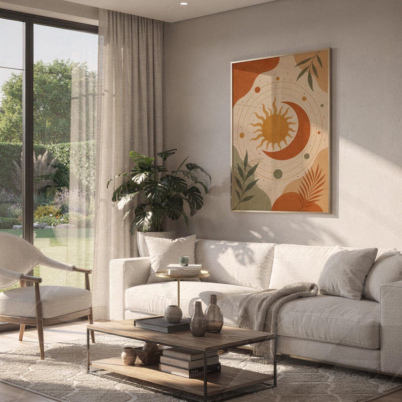 Celestial sun and moon art print hanging above a white sofa in a living room with garden views.