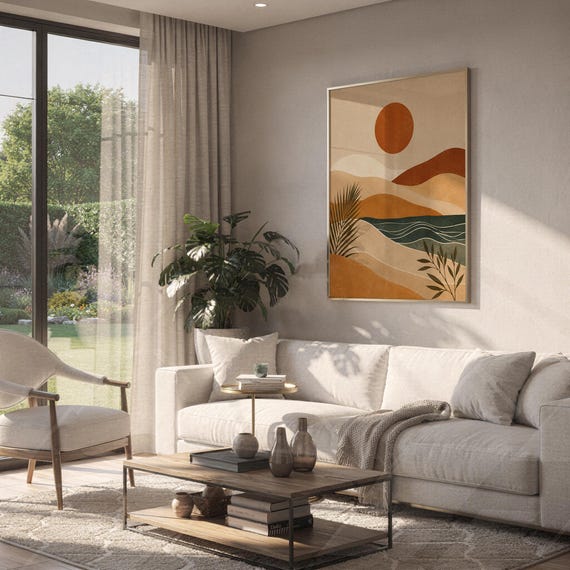 Terracotta sun over ocean waves art framed on white kitchen counter against clean modern wall decor.