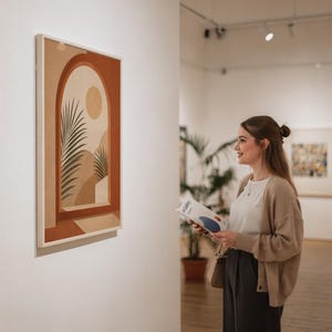 Framed botanical arch print viewed by woman in art exhibition gallery space.