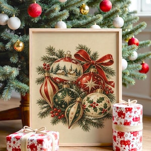 Vintage Christmas Ornaments Wall Art, Rustic Holiday Decor Poster, Red Green Botanical Art Print zdjęcie 1