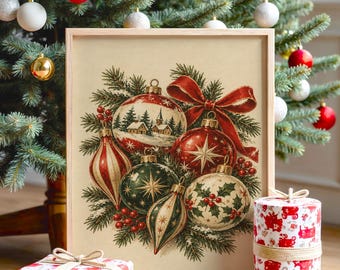 Vintage Christmas Ornaments Wall Art, Rustic Holiday Decor Poster, Red Green Botanical Art Print