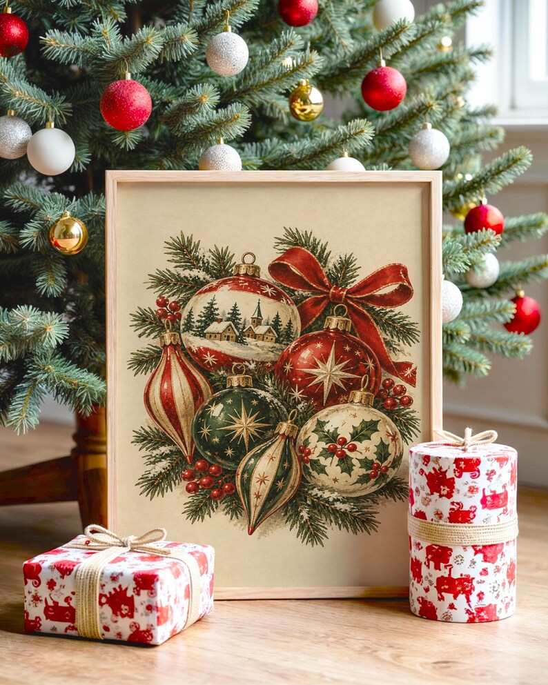 Vintage Christmas Ornaments Wall Art, Rustic Holiday Decor Poster, Red Green Botanical Art Print zdjęcie 1