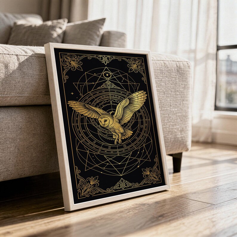 Celestial owl wall art print in a white frame leaning against a gray sofa on a sunlit wooden floor.