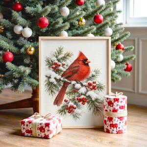 Red Cardinal Winter Wall Art, Watercolor Snowy Pine Bird Poster, Christmas Nature Art Print bild 2