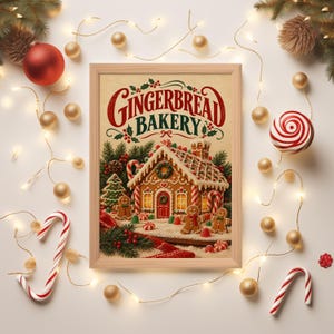 Gingerbread bakery christmas wall art print leaning on the floor beside a cream armchair next to large garden windows.