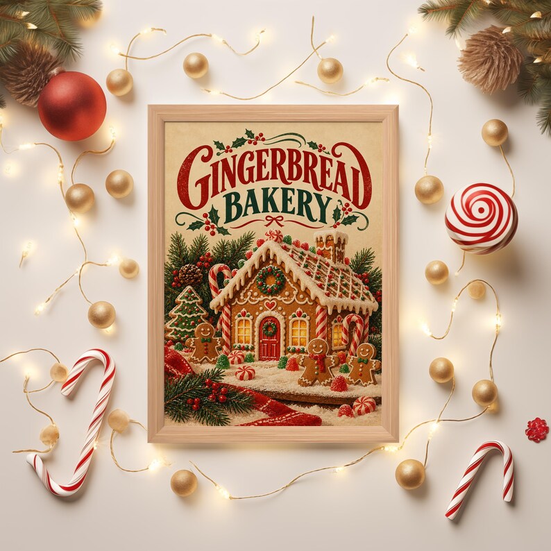 Gingerbread bakery christmas wall art print leaning on the floor beside a cream armchair next to large garden windows.
