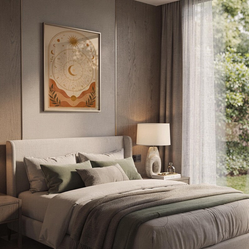Zodiac wheel wall art print hanging above a bed with sage green pillows in a calm neutral bedroom.
