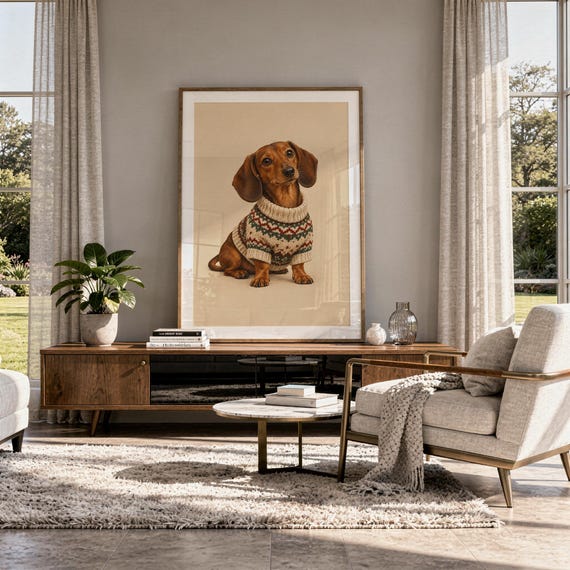 Dachshund sweater wall art print hanging above a stone countertop with a fruit bowl in a sunny kitchen.
