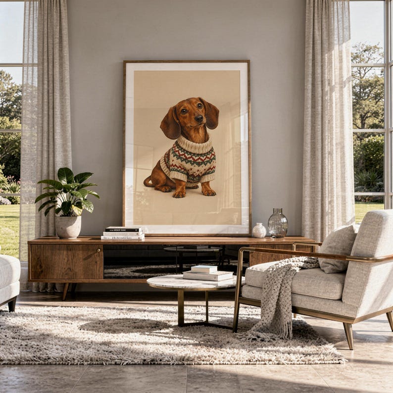 Dachshund sweater wall art print hanging above a stone countertop with a fruit bowl in a sunny kitchen.