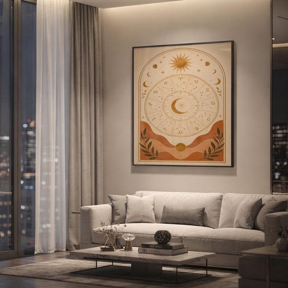 Zodiac wheel wall art print hanging above a light gray sofa in a modern living room with evening city views through tall windows.