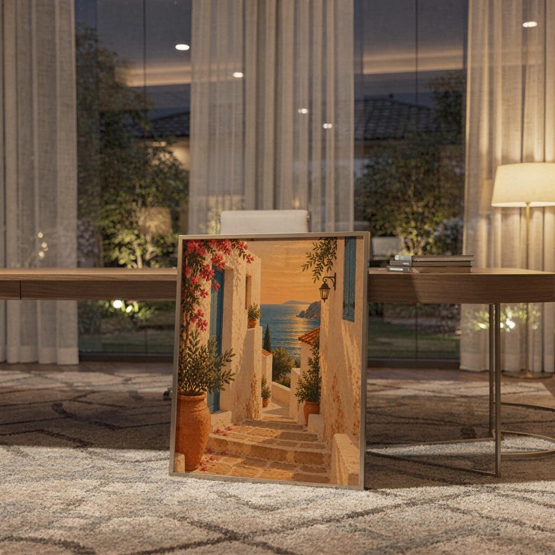 Mediterranean coastal village wall art print standing on a wooden desk in a home office in warm evening light.