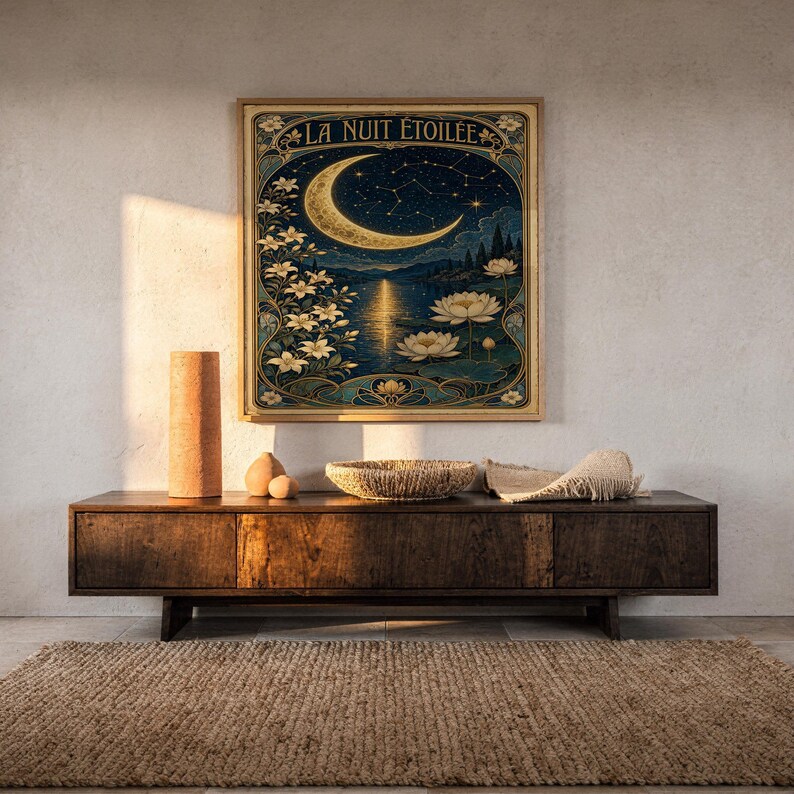 A framed Art Nouveau moon poster hangs on a light wall above a dark wooden console table.