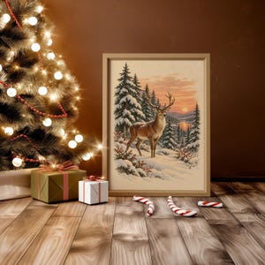 Winter Deer Wall Art, Snowy Forest Sunset Wildlife Art Print, Rustic Cabin Poster Bild 12