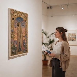 A woman holding a brochure and looking at the framed L Etoile art nouveau poster hanging on a gallery wall.