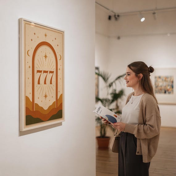 Woman admiring a vertical framed 777 celestial art print on display in a brightly lit modern art gallery.