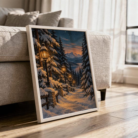 Snowy forest path wall art print in a white frame leaning against a gray sofa on a sunlit wooden floor.