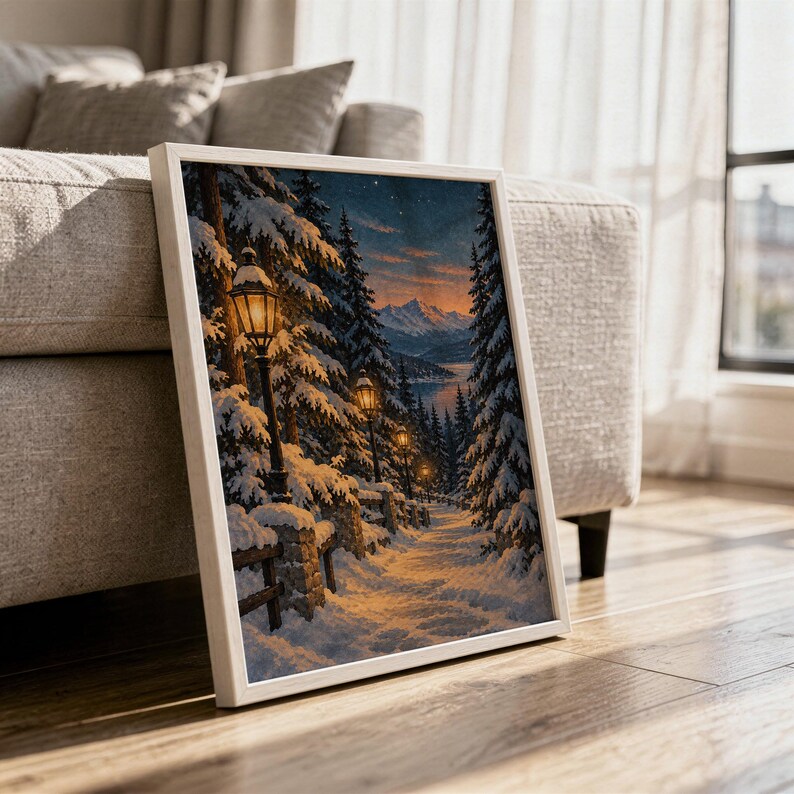 Snowy forest path wall art print in a white frame leaning against a gray sofa on a sunlit wooden floor.