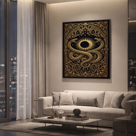 Occult snake wall art print hanging above a light gray sofa in a modern living room with evening city views through tall windows.