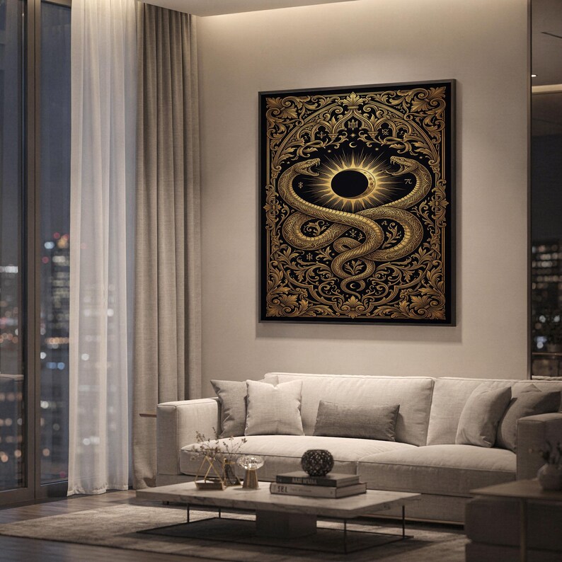 Occult snake wall art print hanging above a light gray sofa in a modern living room with evening city views through tall windows.