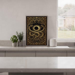 Occult snake wall art print hanging in a high-rise apartment living room with a city skyline view.