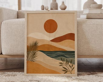 May include: A framed rectangular wall art print featuring a stylized landscape with a large burnt orange sun, layered beige and brown sand dunes, a dark green wavy body of water, and two dark green palm leaf illustrations on the sides.