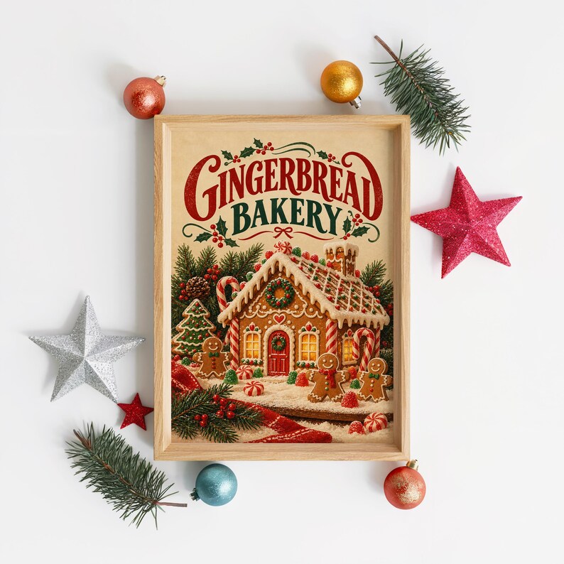 Gingerbread bakery christmas wall art print standing on a white kitchen counter beside potted herbs.