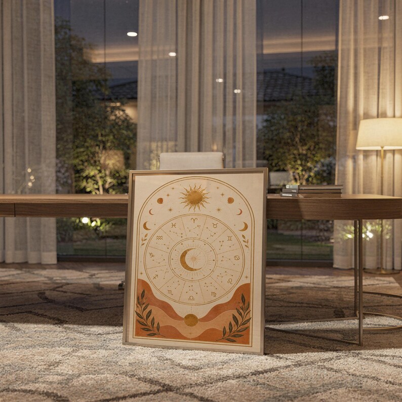 Zodiac wheel wall art print standing on a wooden desk in a home office in warm evening light.