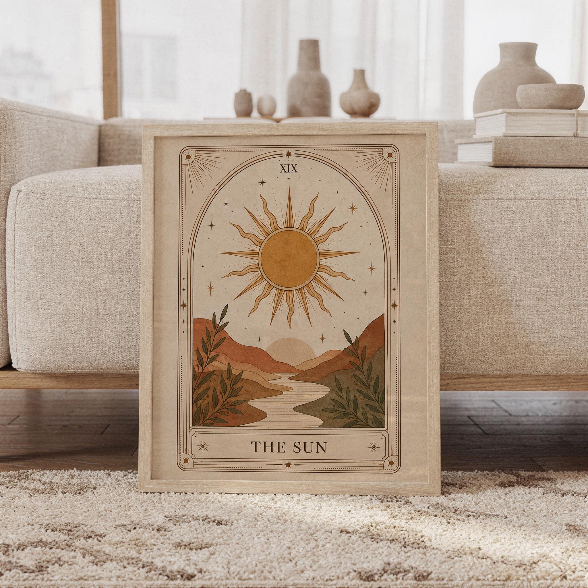The Sun Tarot Card Wall Art, Celestial Solar Rays Print, Boho Vintage Terracotta Spiritual Decor
