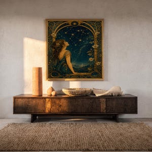 Celestial woman wall art print hanging above a dark wood console and jute rug in a warm neutral interior.