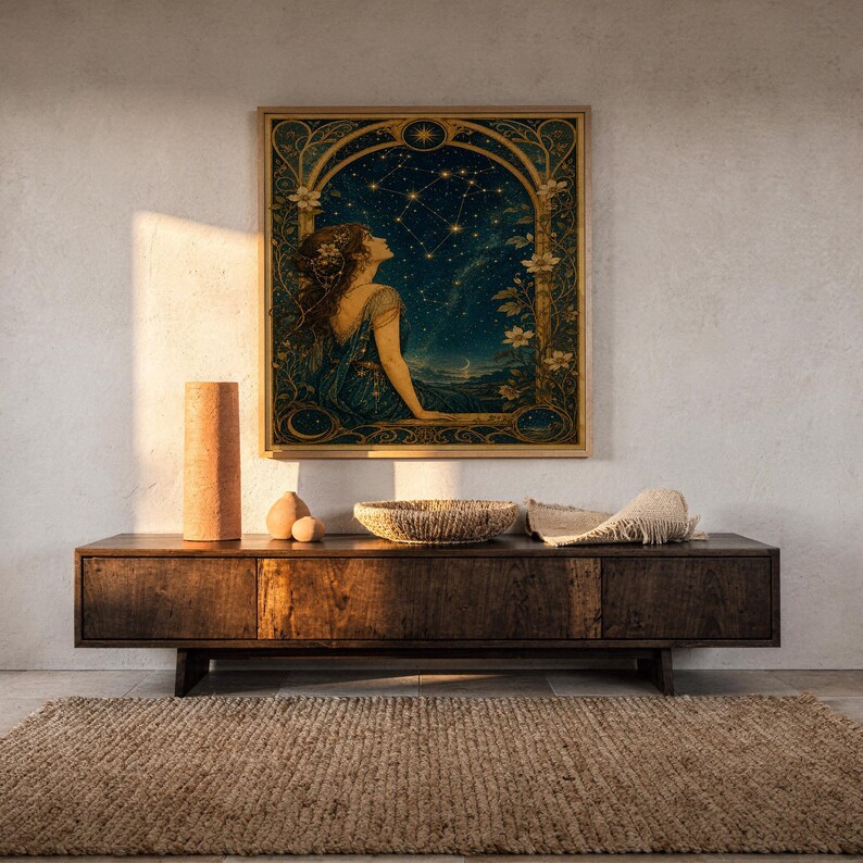Celestial woman wall art print hanging above a dark wood console and jute rug in a warm neutral interior.