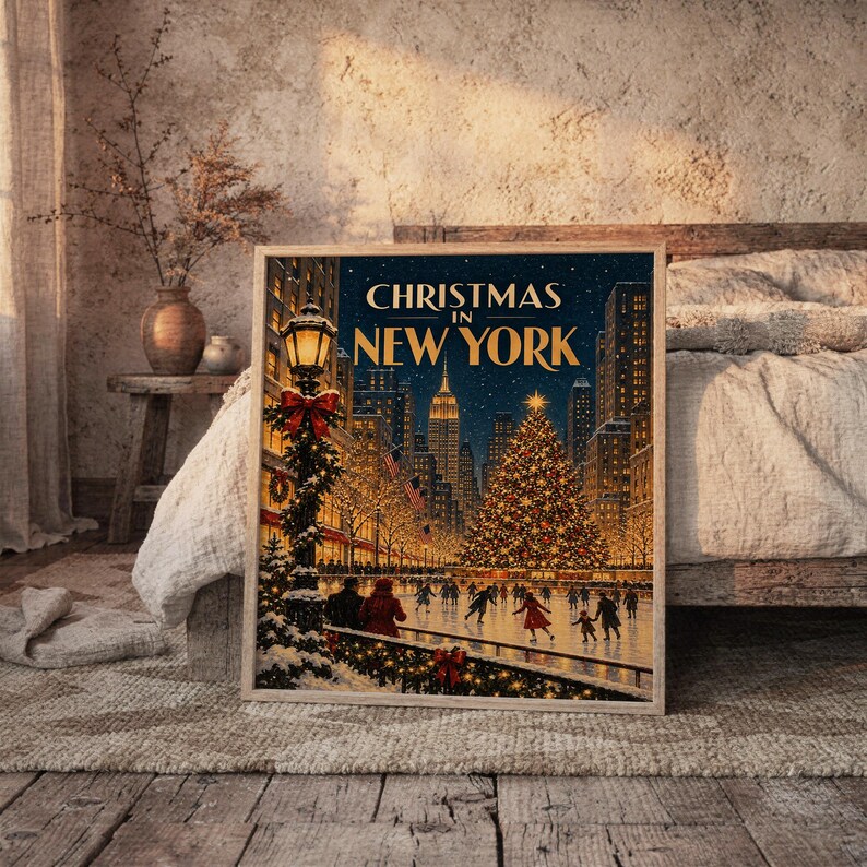 Christmas in New York Wall Art, Vintage NYC Holiday Cityscape Poster, Rockefeller Tree Ice Skating Art Print Bild 5