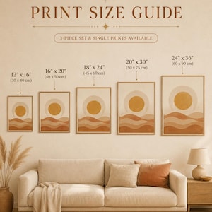 Printable wall art size guide chart comparing print sizes above a living room sofa.