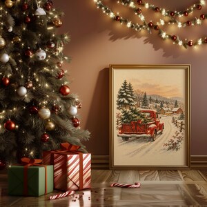 Vintage Red Truck Christmas Wall Art, Snowy Farmhouse Winter Poster, Holiday Tree Art Print zdjęcie 13