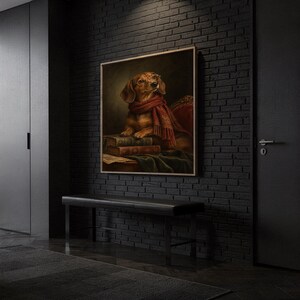 Dachshund wall art print hanging above a dark wood console and jute rug in a warm neutral interior.