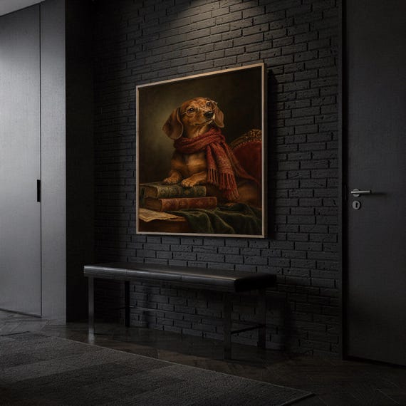 Dachshund wall art print hanging above a dark wood console and jute rug in a warm neutral interior.