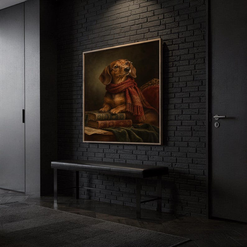 Dachshund wall art print hanging above a dark wood console and jute rug in a warm neutral interior.