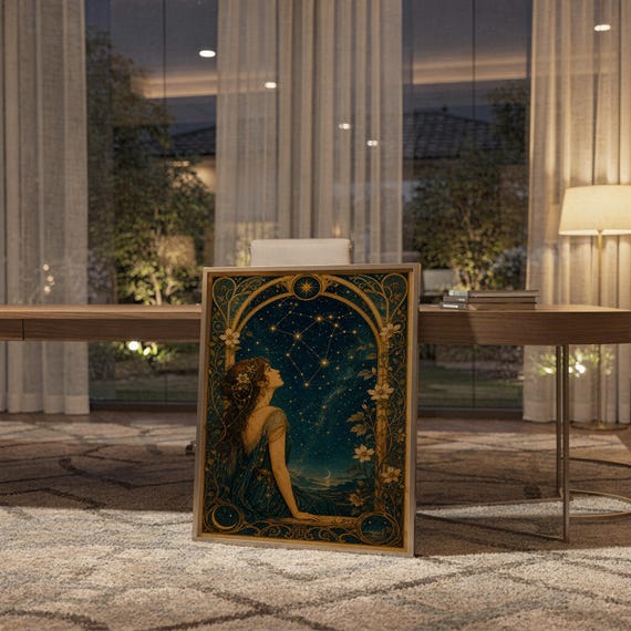 Celestial woman wall art print standing on a wooden desk in a home office in warm evening light.
