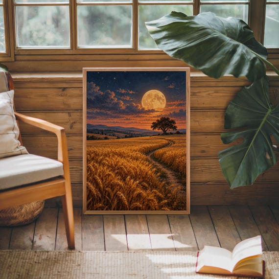 Moon wall art print leaning against warm wood paneling beside a wooden armchair and a monstera plant.