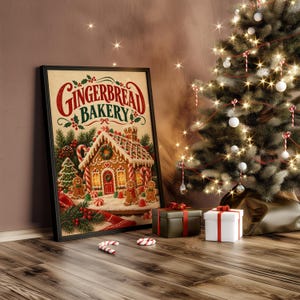 Gingerbread bakery christmas wall art print hanging in a high-rise apartment living room with a city skyline view.