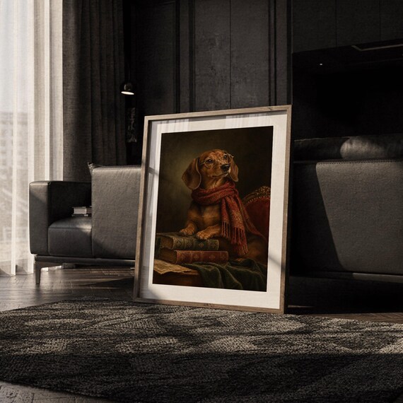 Dachshund wall art print leaning on the floor beside a cream armchair next to large garden windows.