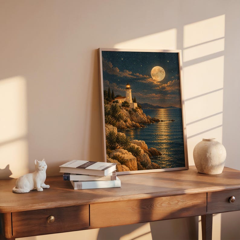 Moonlit lighthouse wall art print leaning on a wooden desk against a warm beige wall in soft window sunlight.
