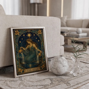 The star tarot card wall art print standing on a countertop in a modern white kitchen.